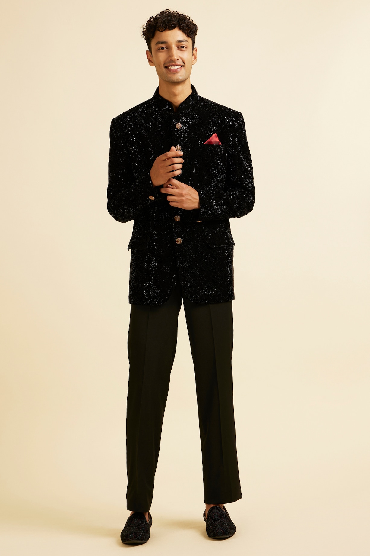 Black Velvet Stonework Bandhgala Set by Manyavar at Pernia's Pop