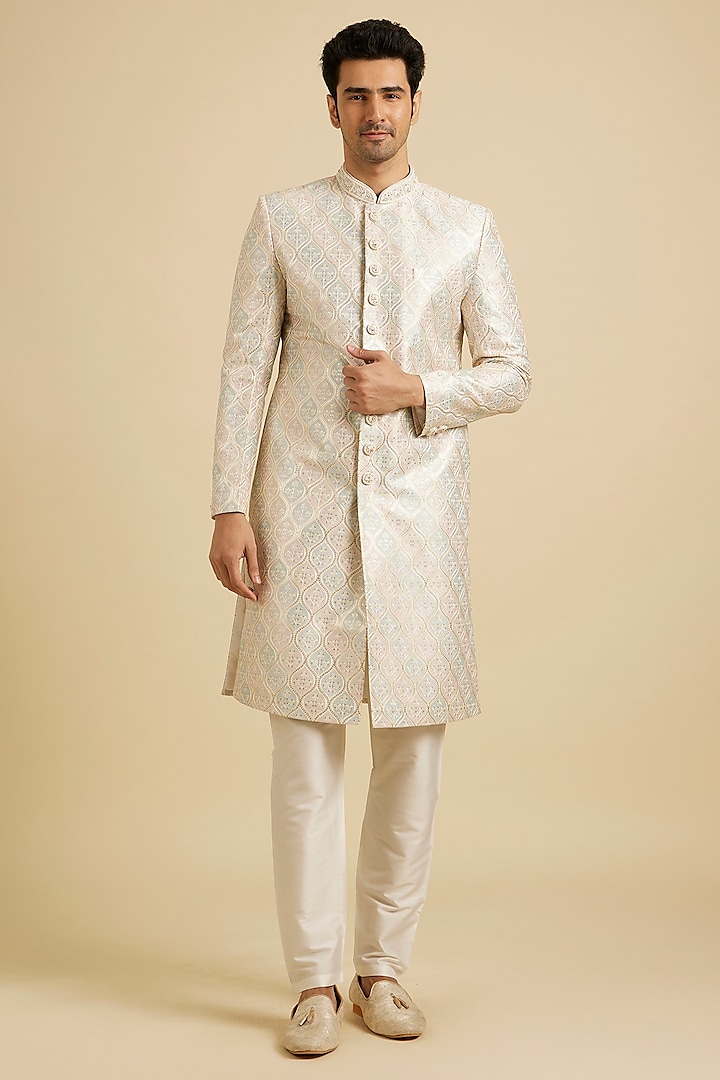 Cream Art Silk Printed & Sequins Embroidered Sherwani Set by Manyavar at Pernia's Pop Up Shop