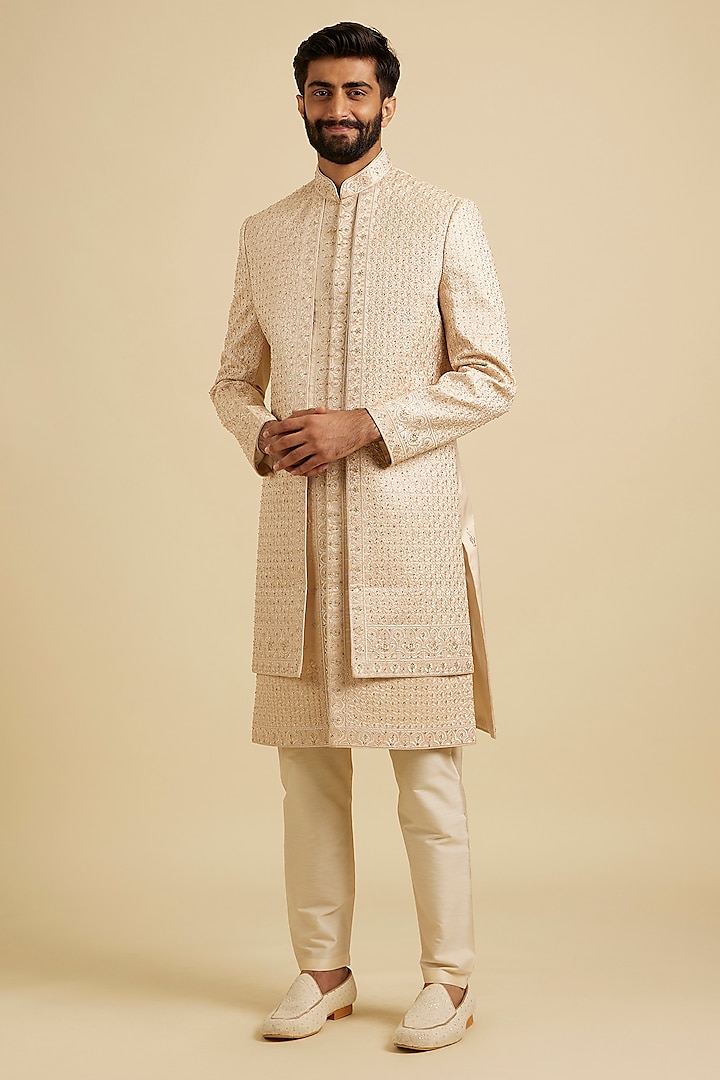 Beige Art Silk Zari Embroidered Sherwani Set by Manyavar