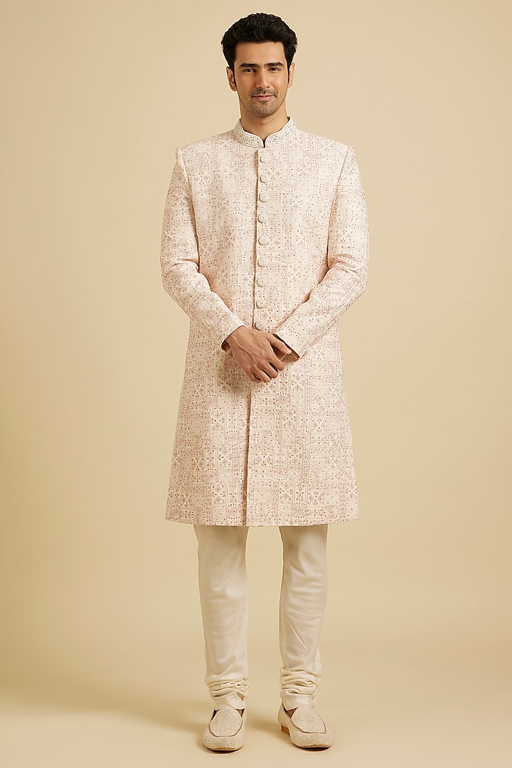 Pink Blended Viscose Mirror Embroidered Wedding Sherwani Set by Manyavar at Pernia's Pop Up Shop