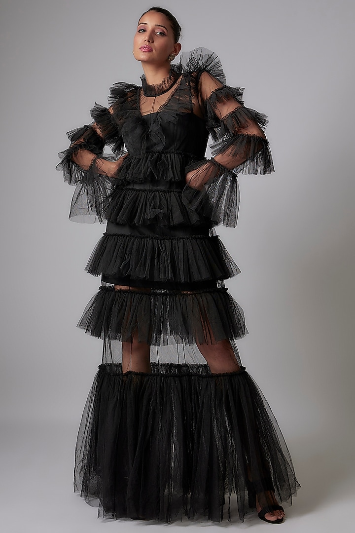 Black Net Layered Gown by Maison 9002