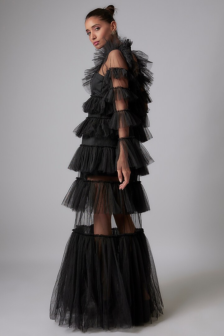 Black Net Layered Party Wear Gown by Maison 9002 at Pernia's Pop Up Shop