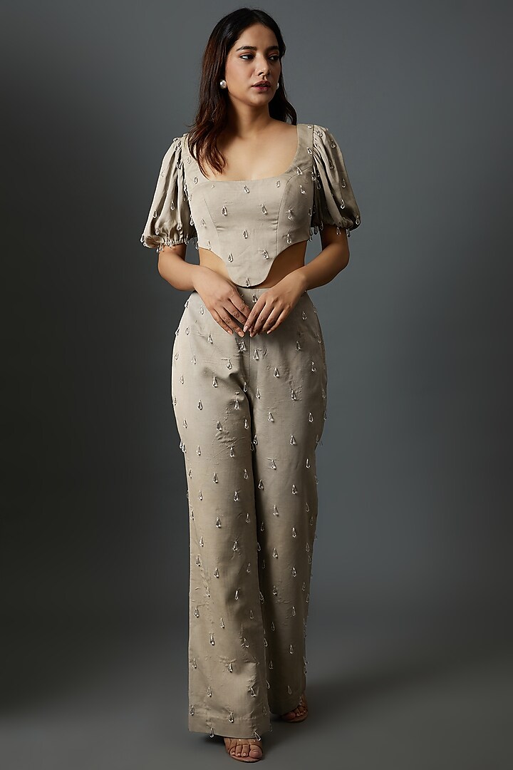 Grey Dull Satin Embroidered Co-Ord Set by Maison 9002