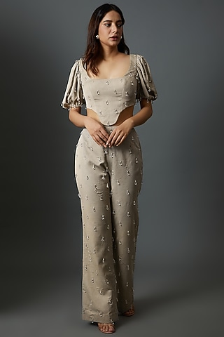 Grey Dull Satin Embroidered Co-Ord Set by Maison 9002