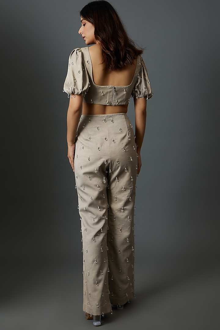 Grey Dull Satin Embroidered Co-Ord Set by Maison 9002 at Pernia's Pop Up Shop