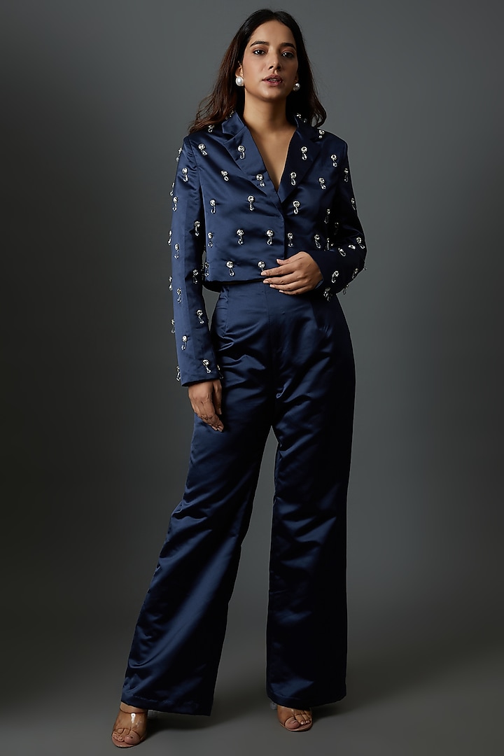 Navy Blue Duchess Satin Embroidered Jacket Set by Maison 9002