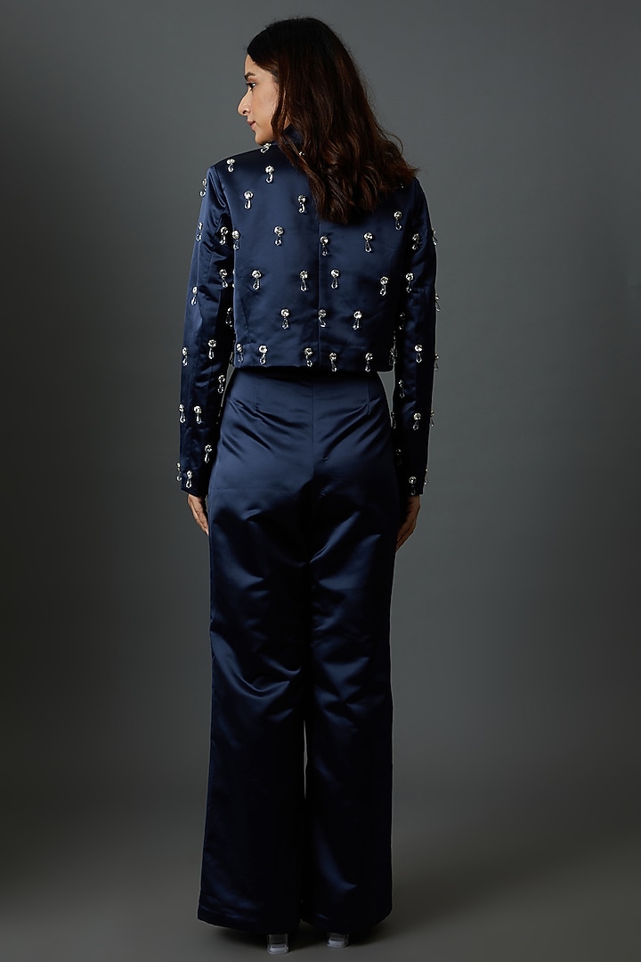 Navy Blue Duchess Satin Embroidered Jacket Set by Maison 9002 at Pernia's Pop Up Shop
