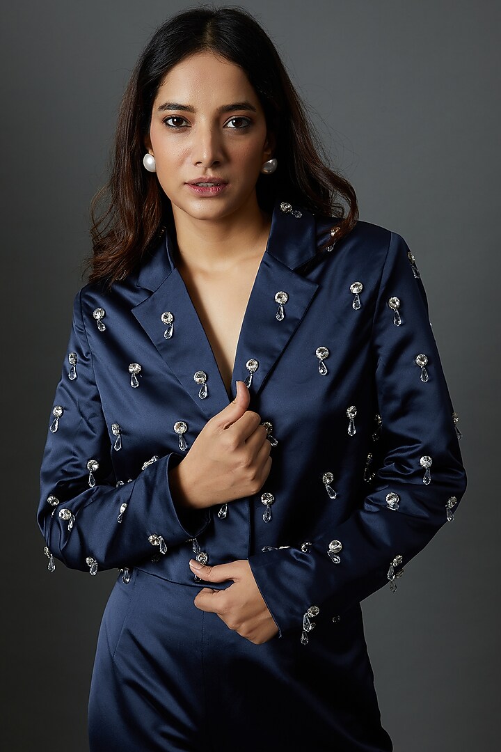 Navy Blue Duchess Satin Embroidered Jacket Set by Maison 9002 at Pernia's Pop Up Shop