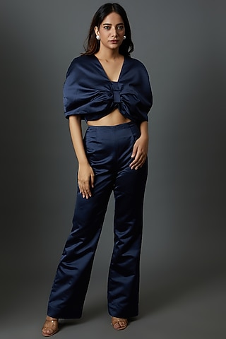 Navy Blue Duchess Satin Co-Ord Set by Maison 9002