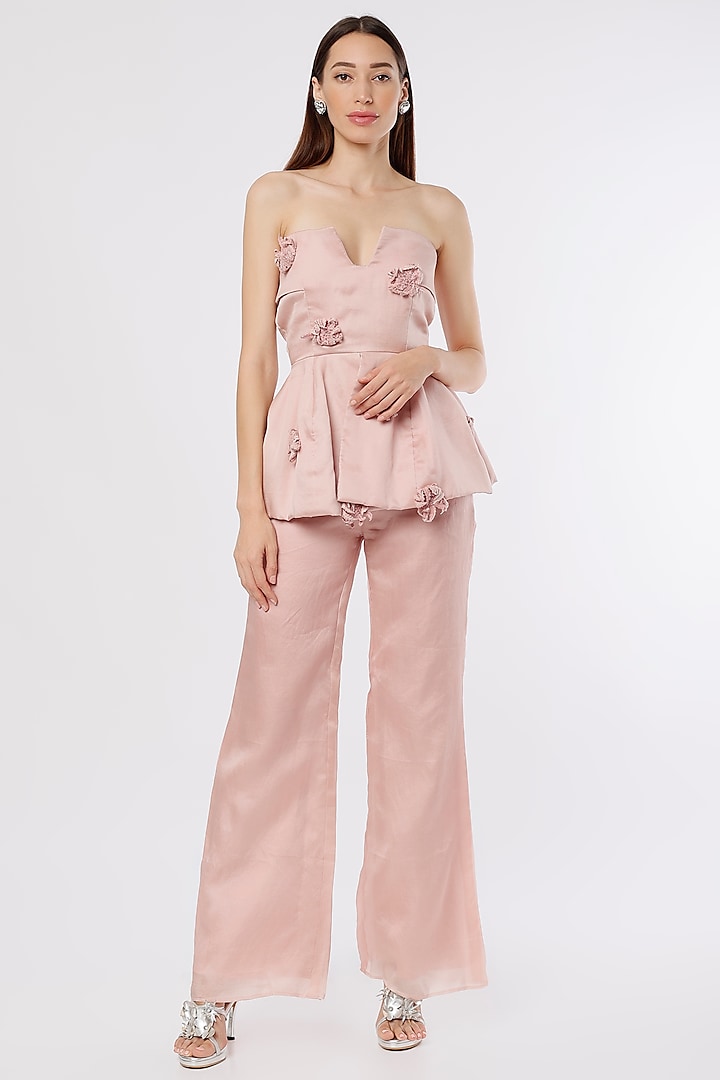 Champagne Pink Silk Organza Straight Pants by Maison 9002