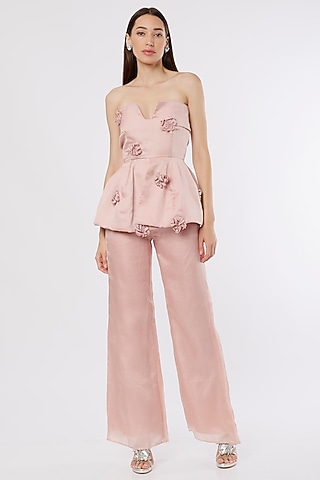 Champagne Pink Embellished Peplum Top by Maison 9002