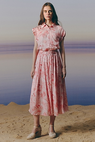 Cherry Blossom Pink Cotton Satin Printed Midi Dress by Mapu