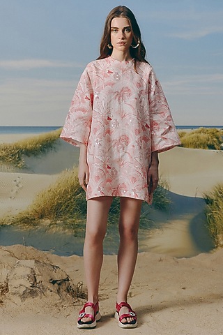 Cherry Blossom Pink Organic Linen Printed & Sequins Embellished Mini Dress by Mapu