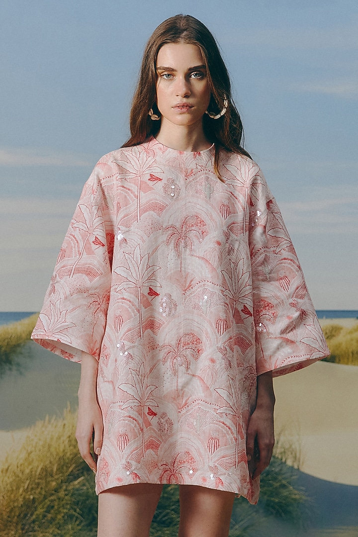 Cherry Blossom Pink Organic Linen Printed & Sequins Embellished Mini Vacation Dress by Mapu at Pernia's Pop Up Shop