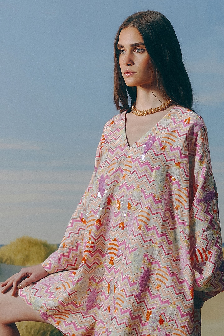Blush Pink Organic Linen Printed & Sequins Embellished Romper by Mapu at Pernia's Pop Up Shop
