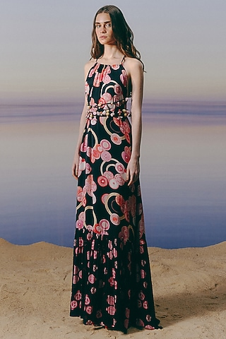 Black Cotton Satin Printed Backless Maxi Dress by Mapu