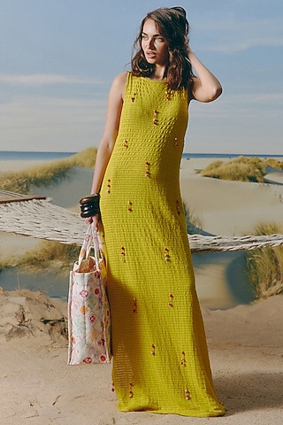 Citrus Yellow Mashed Cotton Bead Embroidered Maxi Dress by Mapu