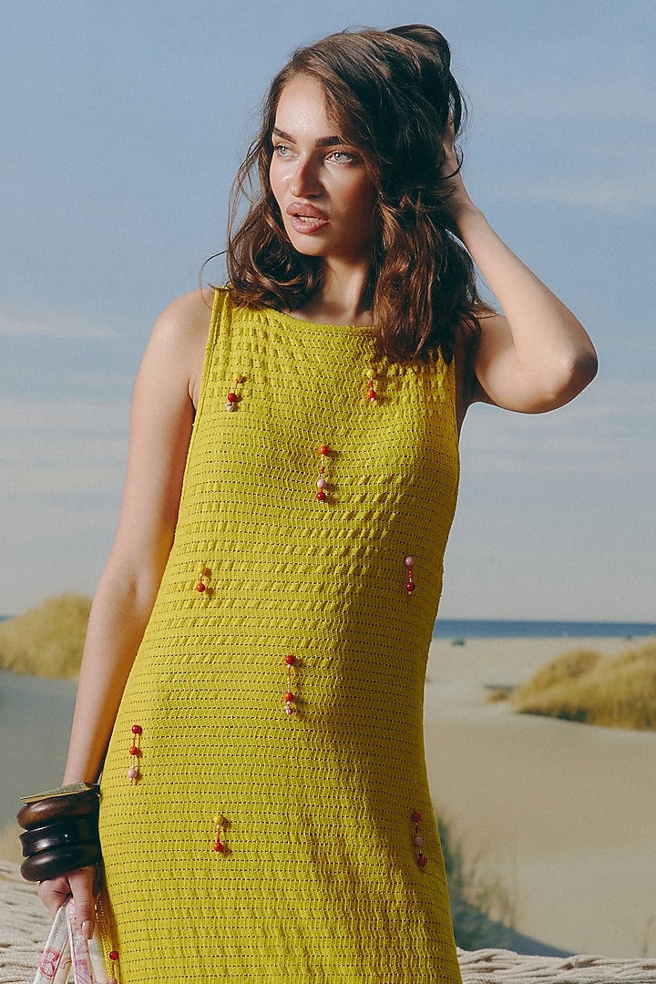 Citrus Yellow Mashed Cotton Bead Embroidered Maxi Summer Dress by Mapu at Pernia's Pop Up Shop