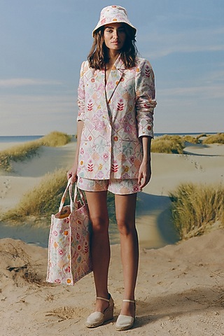 Shell-Colored Organic Linen Printed Blazer Set by Mapu