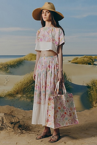 Shell-Colored Organic Cotton Printed Pleated Skirt Set by Mapu