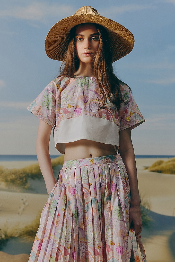 Shell-Colored Organic Cotton Printed Pleated Skirt Set by Mapu at Pernia's Pop Up Shop