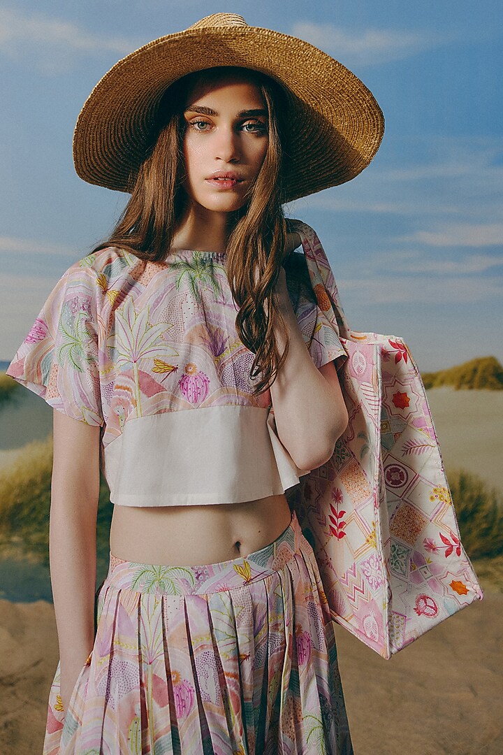 Shell-Colored Organic Cotton Printed Pleated Skirt Set by Mapu at Pernia's Pop Up Shop