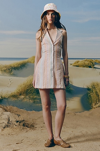 Shell-Colored Organic Linen Stripe Printed Mini Dress by Mapu