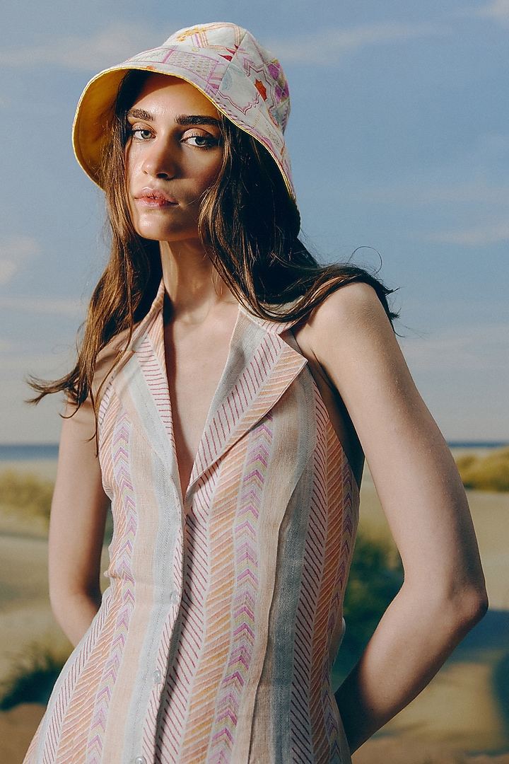 Shell-Colored Organic Linen Stripe Printed Mini Summer Dress by Mapu at Pernia's Pop Up Shop