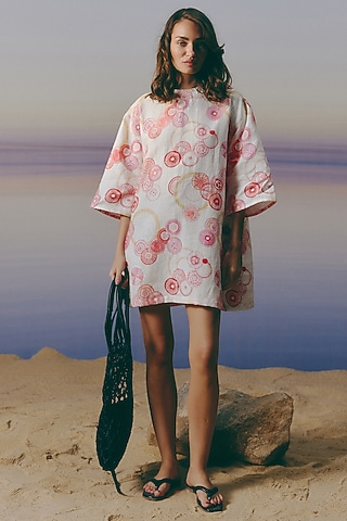 White Organic Linen Printed Mini Dress by Mapu