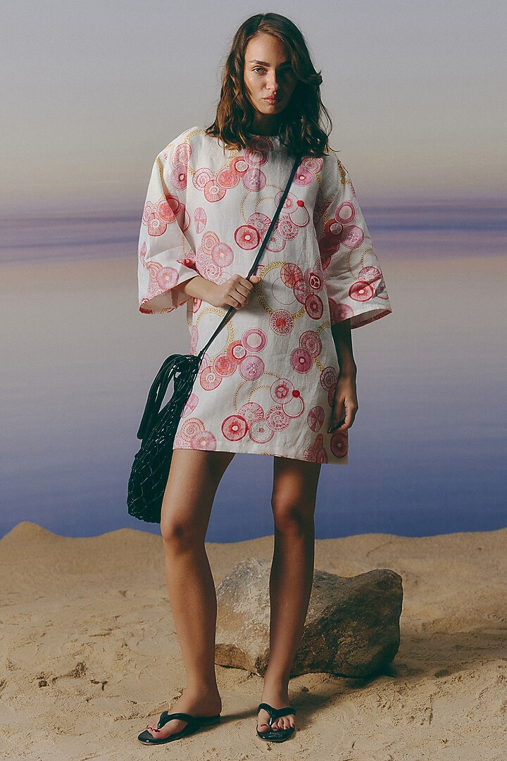 White Organic Linen Printed Mini Summer Dress by Mapu at Pernia's Pop Up Shop