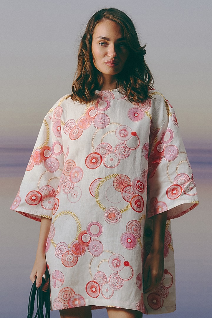 White Organic Linen Printed Mini Summer Dress by Mapu at Pernia's Pop Up Shop