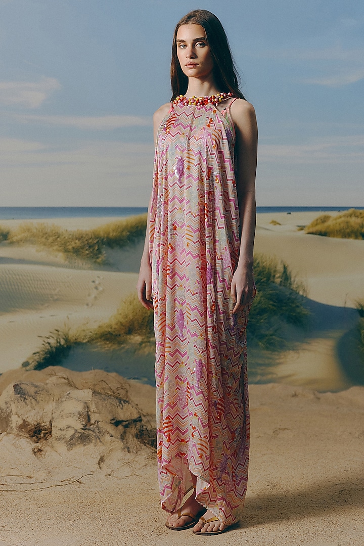 Shell-Colored Cotton Satin Printed & Sequins Embellished Maxi Dress by Mapu at Pernia's Pop Up Shop