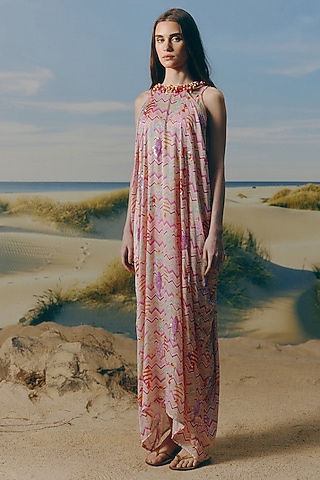 Shell-Colored Cotton Satin Printed & Sequins Embellished Maxi Dress by Mapu