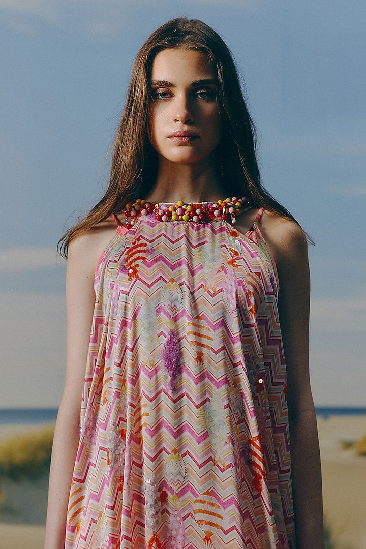 Shell-Colored Cotton Satin Printed & Sequins Embellished Maxi Vacation Dress by Mapu at Pernia's Pop Up Shop