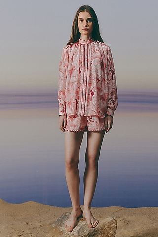 Cherry Blossom Pink Cotton Satin Printed Co-Ord Set by Mapu