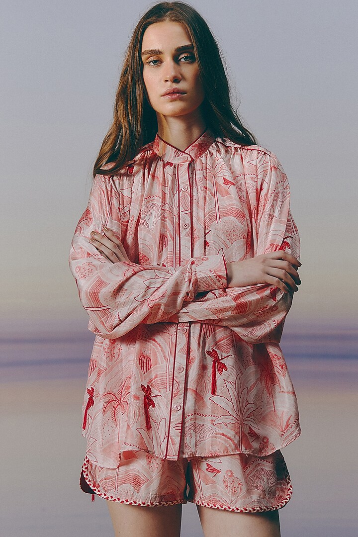 Cherry Blossom Pink Cotton Satin Printed Co-Ord Set by Mapu at Pernia's Pop Up Shop