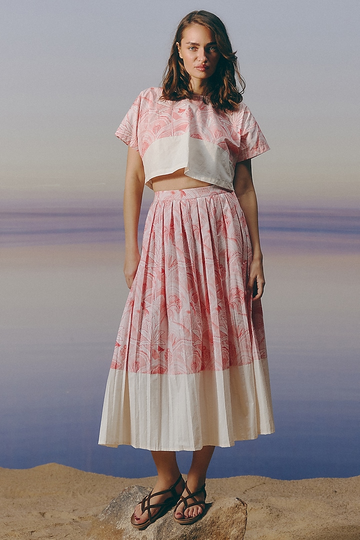 Cherry Blossom Pink Organic Cotton Printed Pleated Skirt Set by Mapu at Pernia's Pop Up Shop