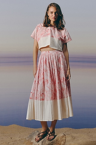Cherry Blossom Pink Organic Cotton Printed Pleated Skirt Set by Mapu