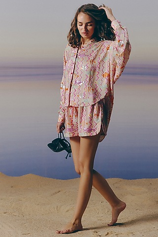 Shell-Colored Cotton Satin Printed & Sequins Embellished Co-Ord Set by Mapu