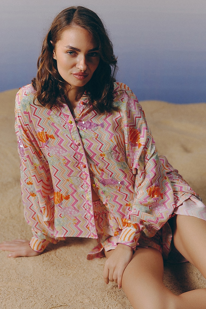 Shell-Colored Cotton Satin Printed & Sequins Embellished Co-Ord Set by Mapu at Pernia's Pop Up Shop