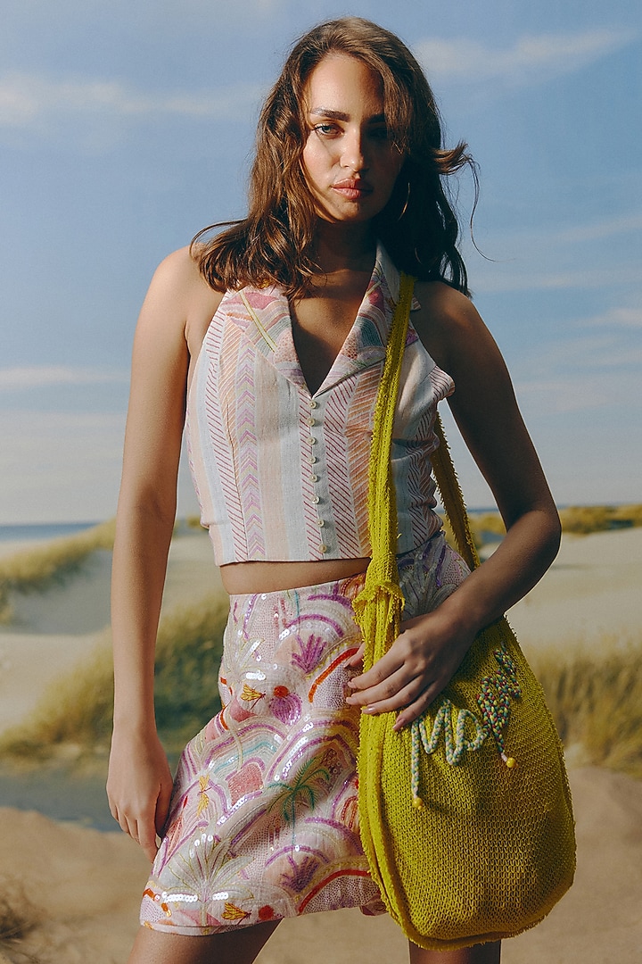Shell-Colored Organic Linen Stripe Printed Halter Top by Mapu at Pernia's Pop Up Shop