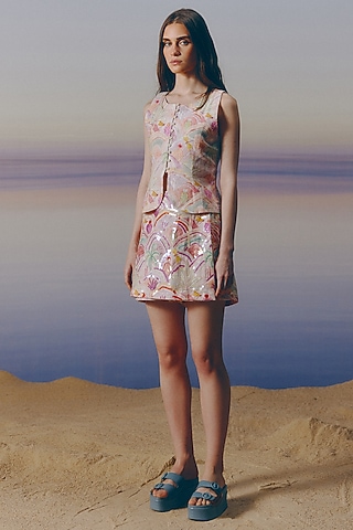 Sea Shell Cream Organic Linen Printed & Sequins Embellished Skirt by Mapu