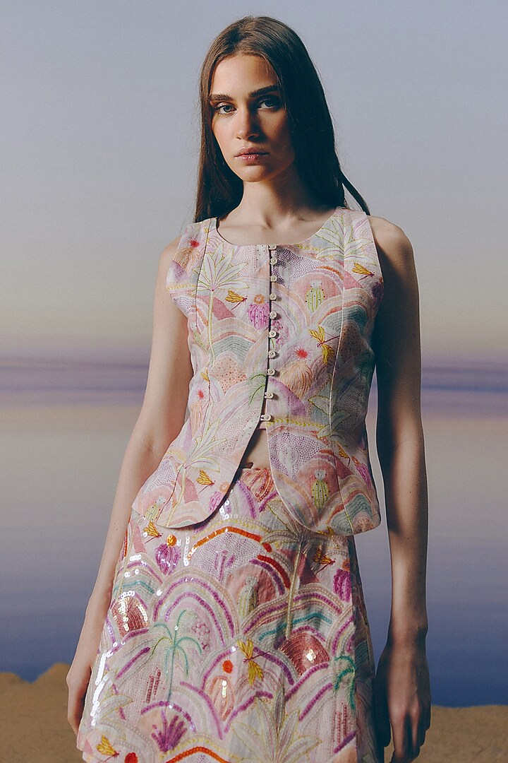 Sea Shell Cream Organic Linen Printed & Sequins Embellished Skirt by Mapu at Pernia's Pop Up Shop