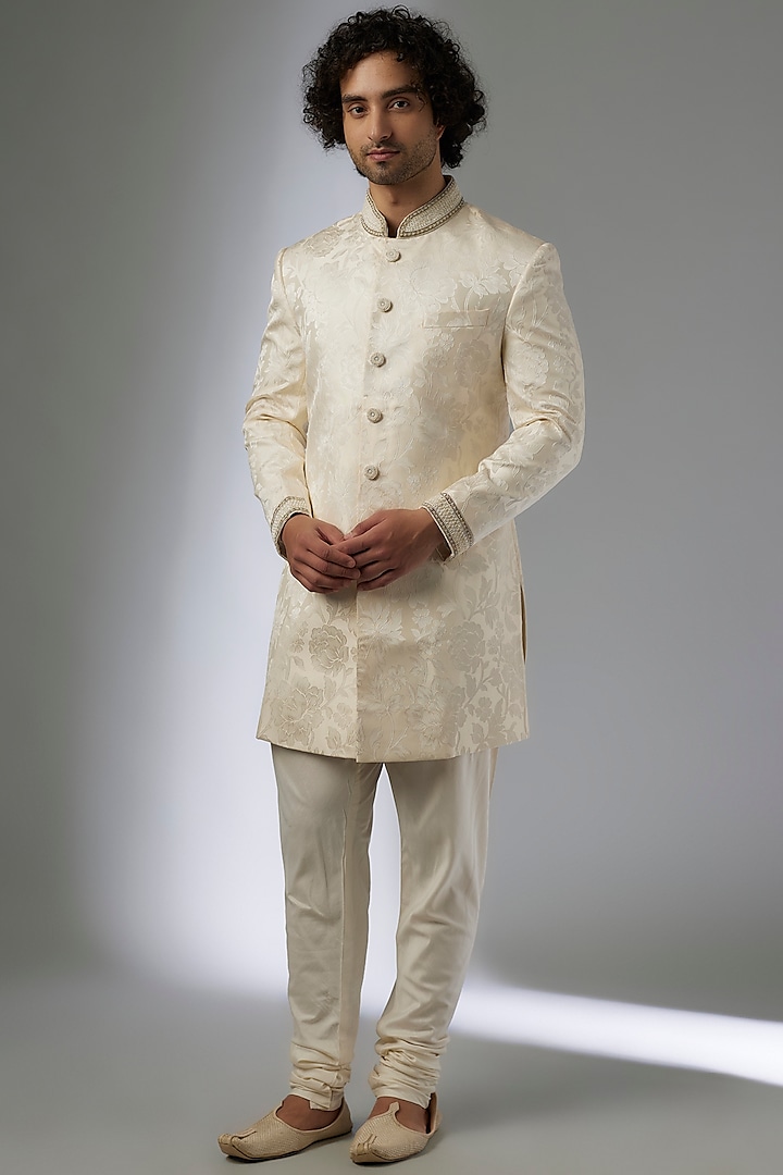 Off-White Brocade Silk Zardosi Embroidered Wedding Sherwani Set by MAPXENCARS at Pernia's Pop Up Shop