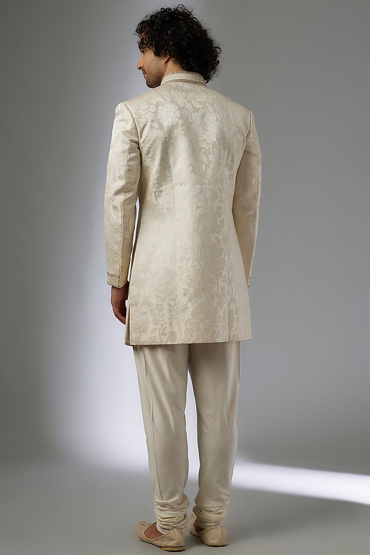 Off-White Brocade Silk Zardosi Embroidered Wedding Sherwani Set by MAPXENCARS at Pernia's Pop Up Shop