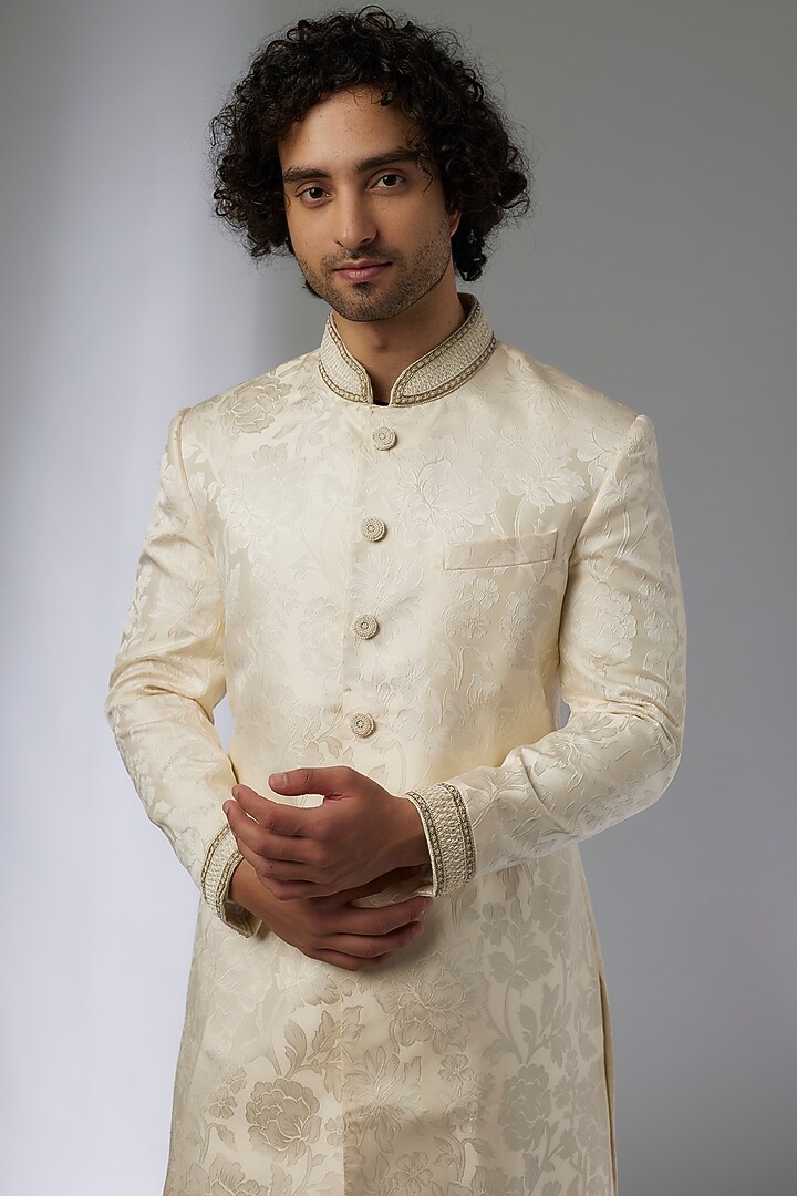 Off-White Brocade Silk Zardosi Embroidered Wedding Sherwani Set by MAPXENCARS at Pernia's Pop Up Shop