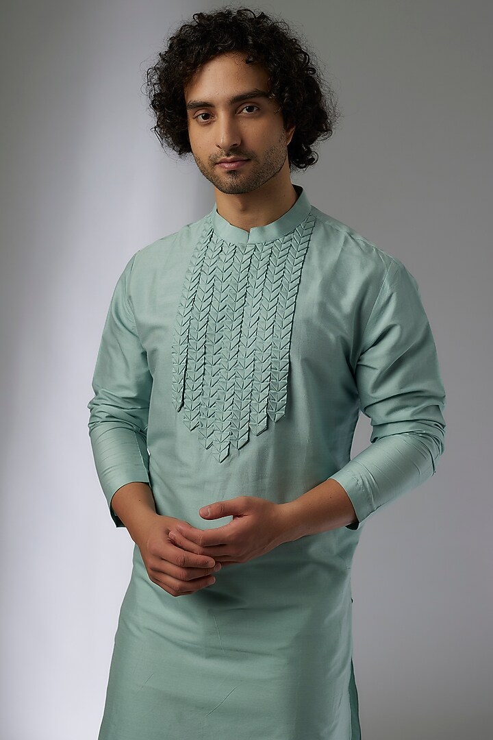 Turquoise Silk Textured Kurta Set by MAPXENCARS at Pernia's Pop Up Shop