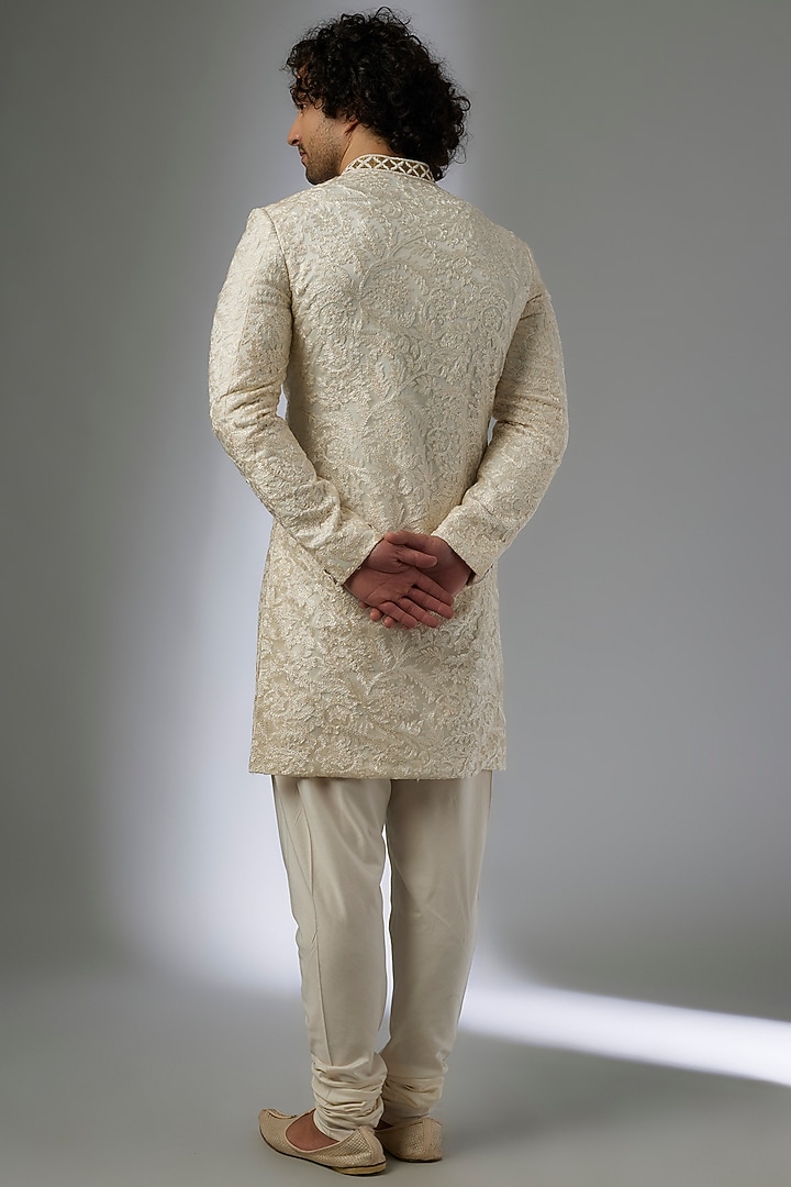 Off-White Silk Chikankari Embroidered Groom Sherwani et by MAPXENCARS at Pernia's Pop Up Shop