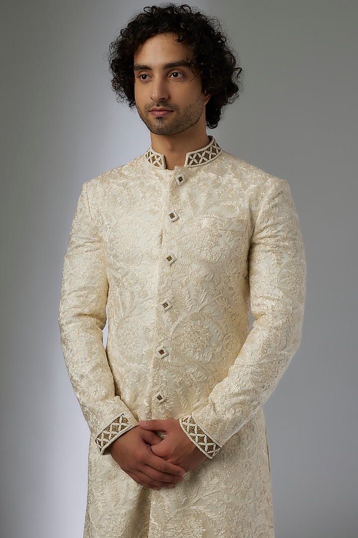 Off-White Silk Chikankari Embroidered Groom Sherwani et by MAPXENCARS at Pernia's Pop Up Shop