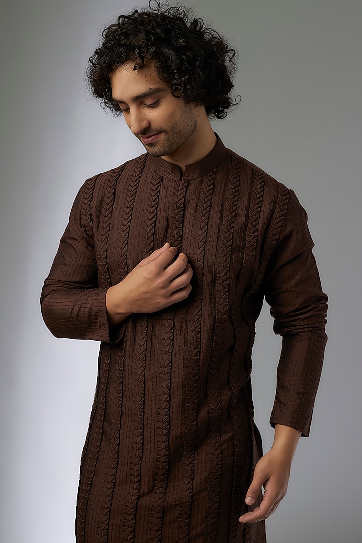Pecan Brown Silk Textured Kurta Set by MAPXENCARS at Pernia's Pop Up Shop